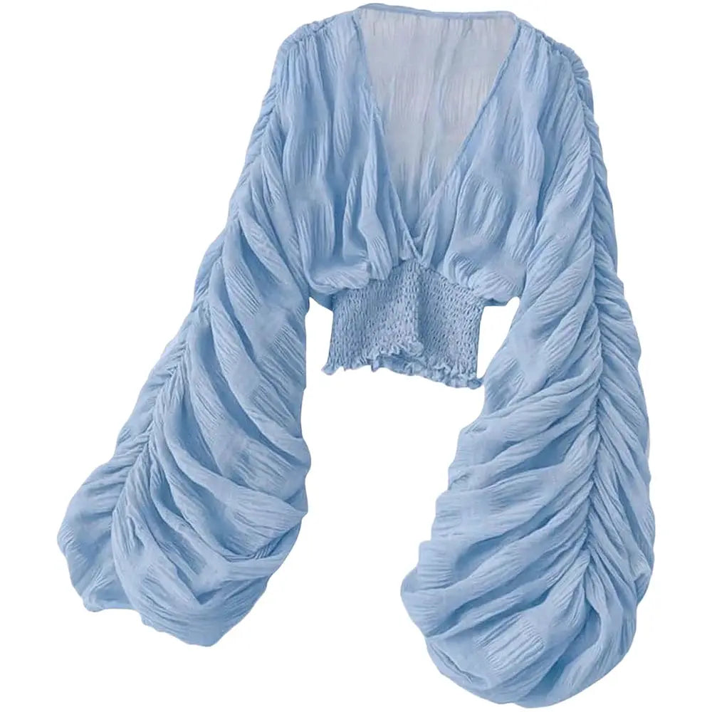 Blue draped chiffon blouse for women with V-neck, puff sleeves and cropped smocked waist, Simples Market