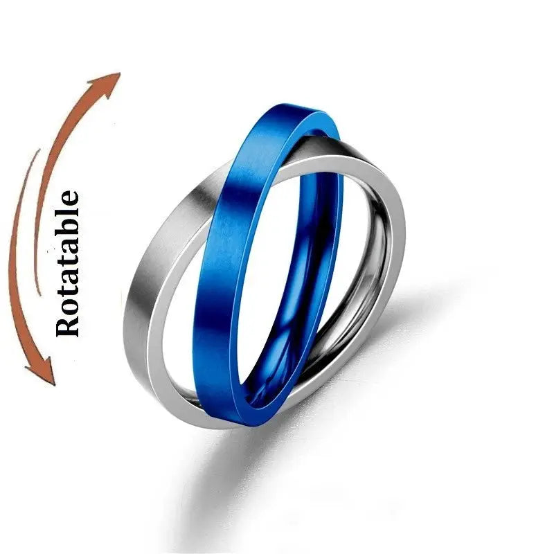 Anti-stress fidget spinner ring set of three stainless steel knuckle rings with blue and silver bands.