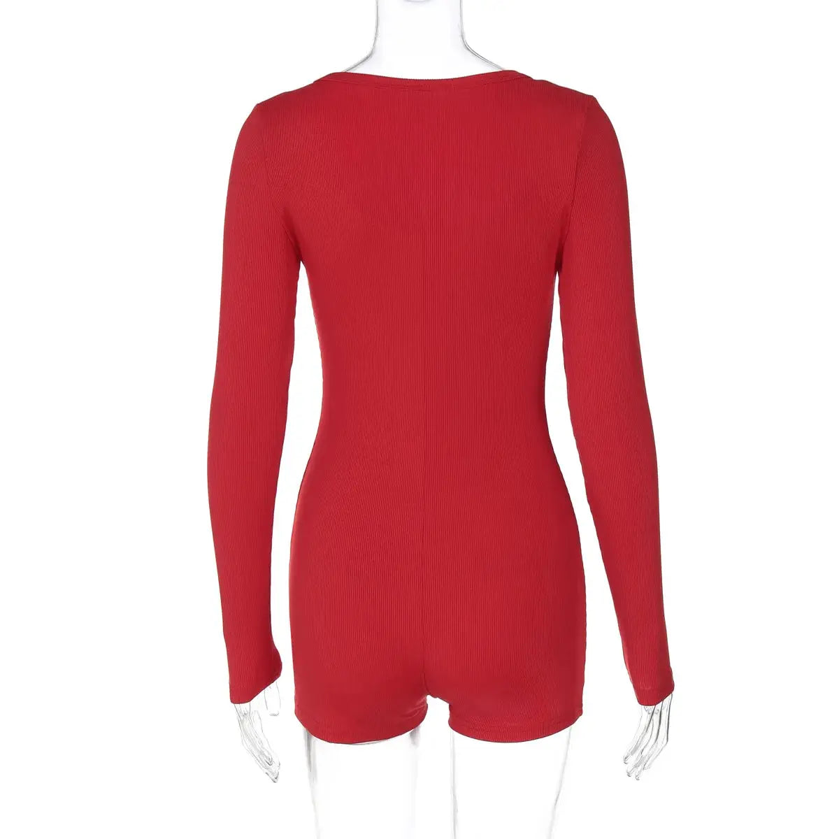 Hugcitar red ribbed long-sleeve playsuit romper, back view