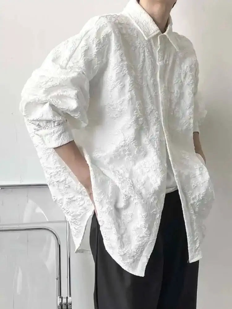 2XL white crumpled jacquard shirt with bat-wing sleeves and turn-down collar