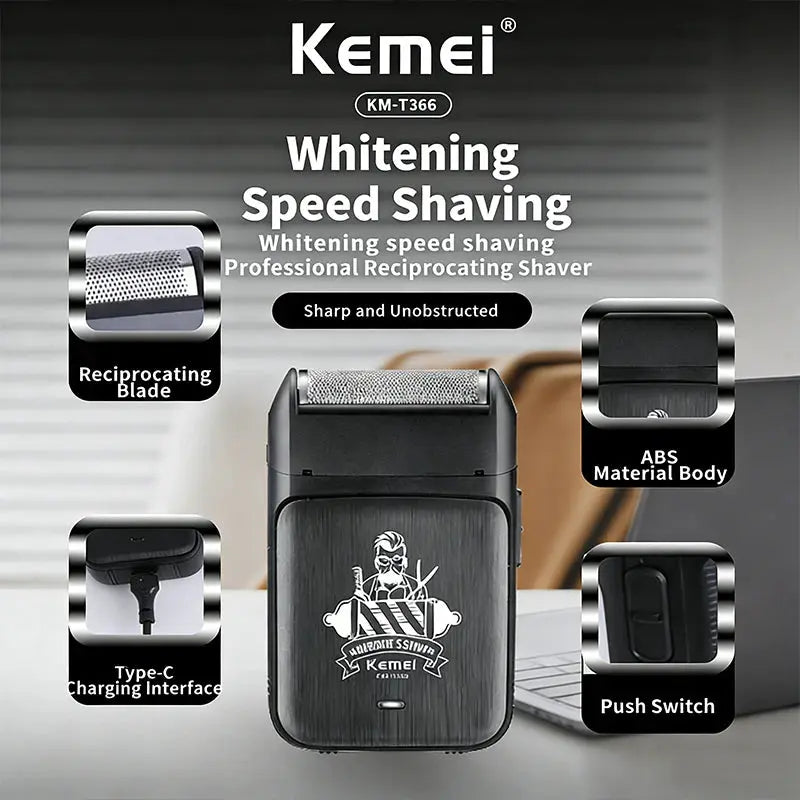 Kemei KM-T366 2-in-1 professional hair clipper set; ABS body with reciprocating blade and Type-C charging