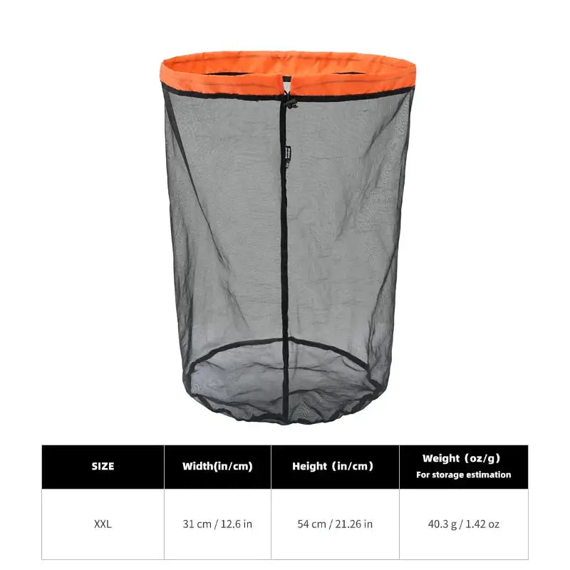 Mesh bag stuff sack, gray mesh with orange rim, drawstring closure, XXL size