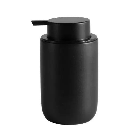 Dispenser bottle, matte black plastic with pump, bathroom countertop accessory