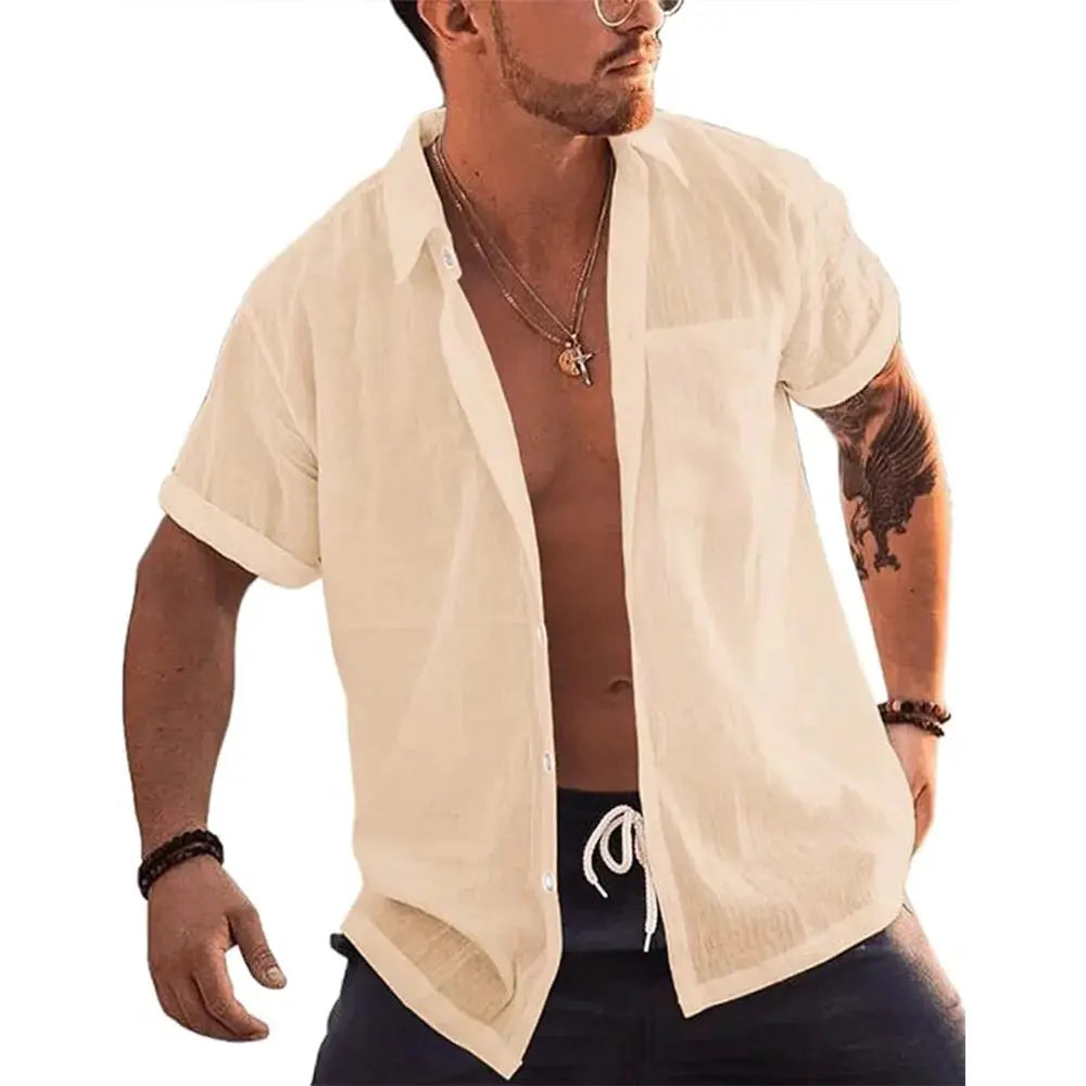 Simples Market men's short-sleeve linen-cotton shirt, beige with turn-down collar and chest pocket.