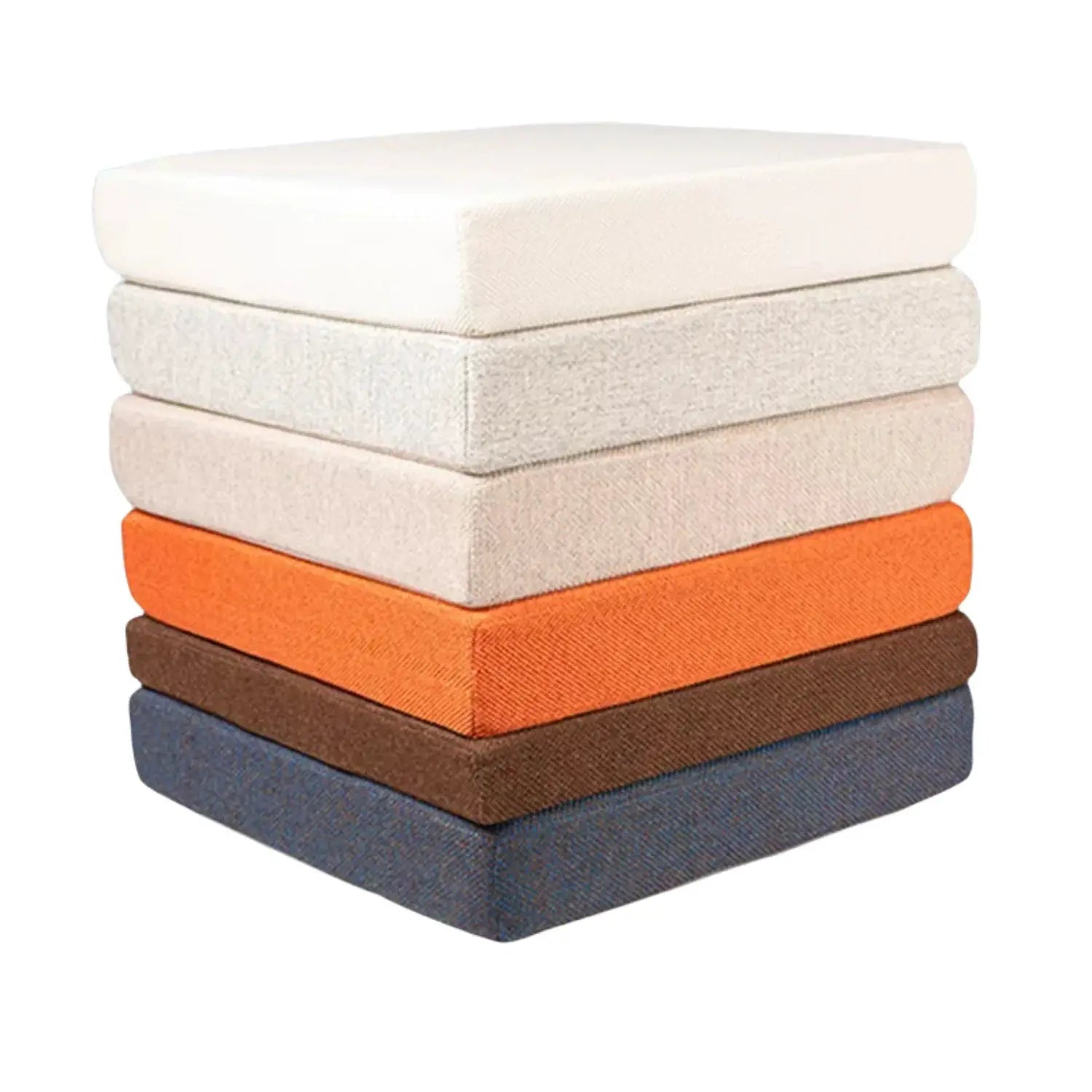 Six square chair/bench seat cushions in assorted colors with machine-washable covers