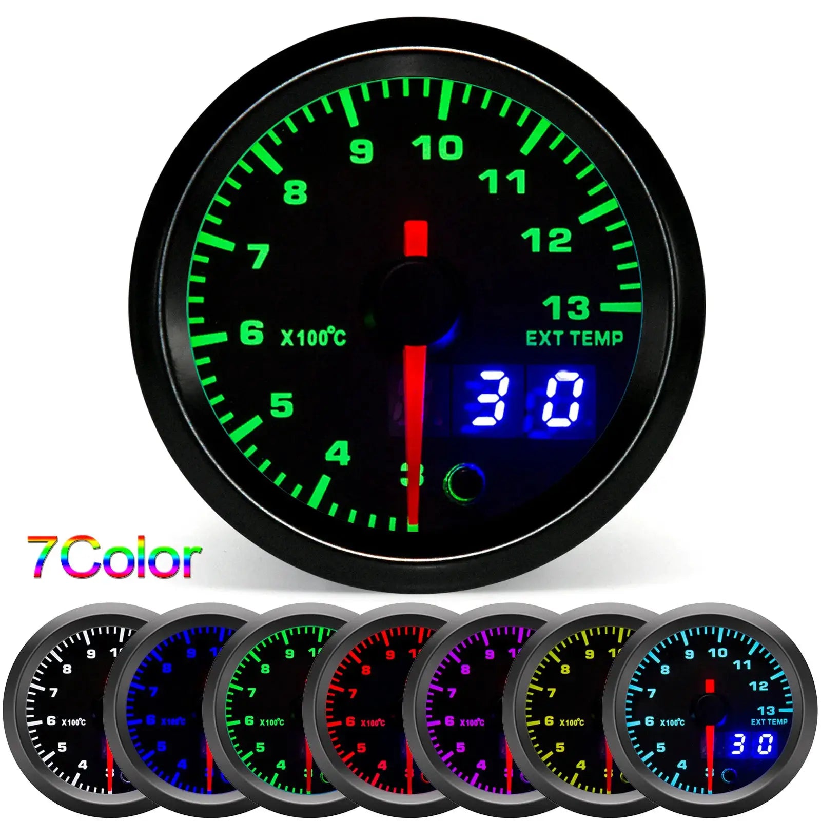 2in/52mm seven-color LED dual-display gauge by Simples Market with boost, temp, oil pressure, and voltmeter