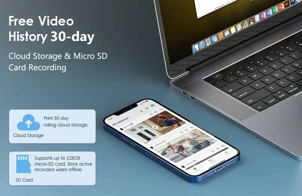 Simples Market cloud storage promo on desk with laptop and smartphone showing video history and SD card options.