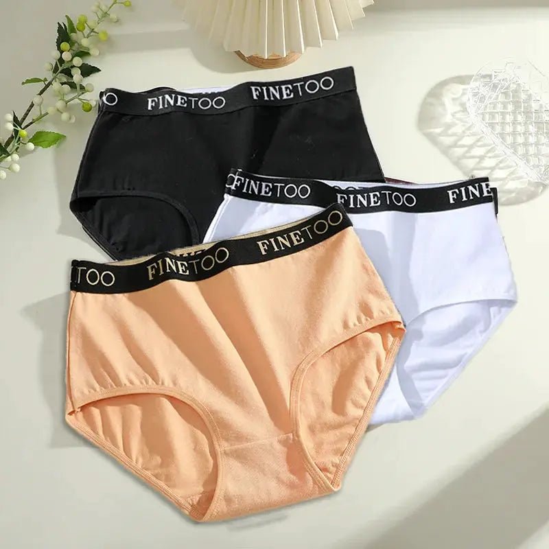 Finetoo 3-pack women's cotton briefs in black, peach, and white with logo waistband
