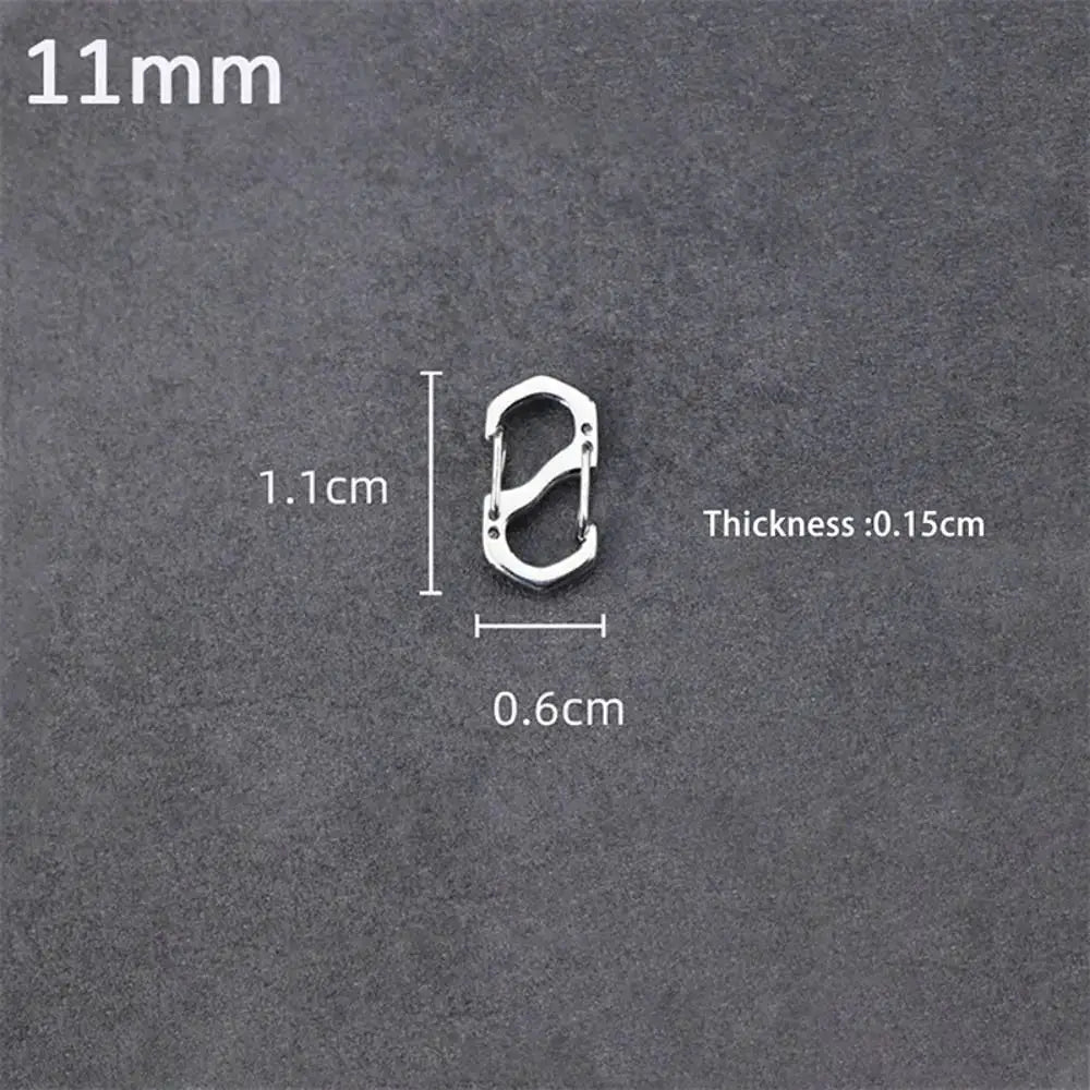 Stainless steel S-type carabiner with lock, silver; compact 11mm size (1.1cm x 0.6cm)