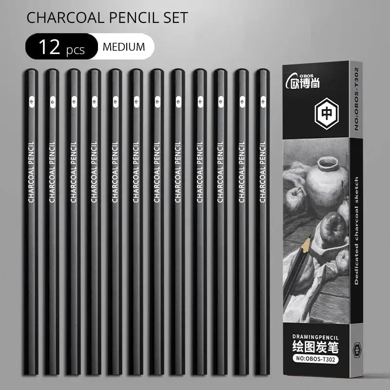 Charcoal pencil set, 12-piece, medium, by Simples Market, black graphite pencils with a matching box