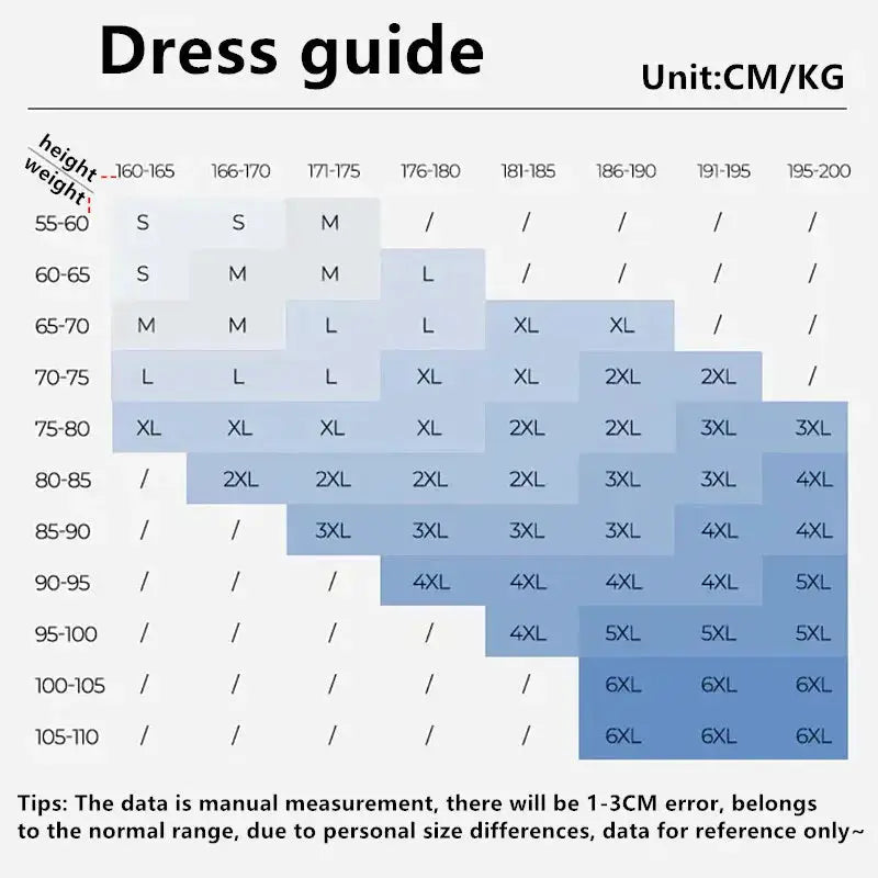 Men's dress guide size chart by Simples Market showing height and weight ranges with size blocks