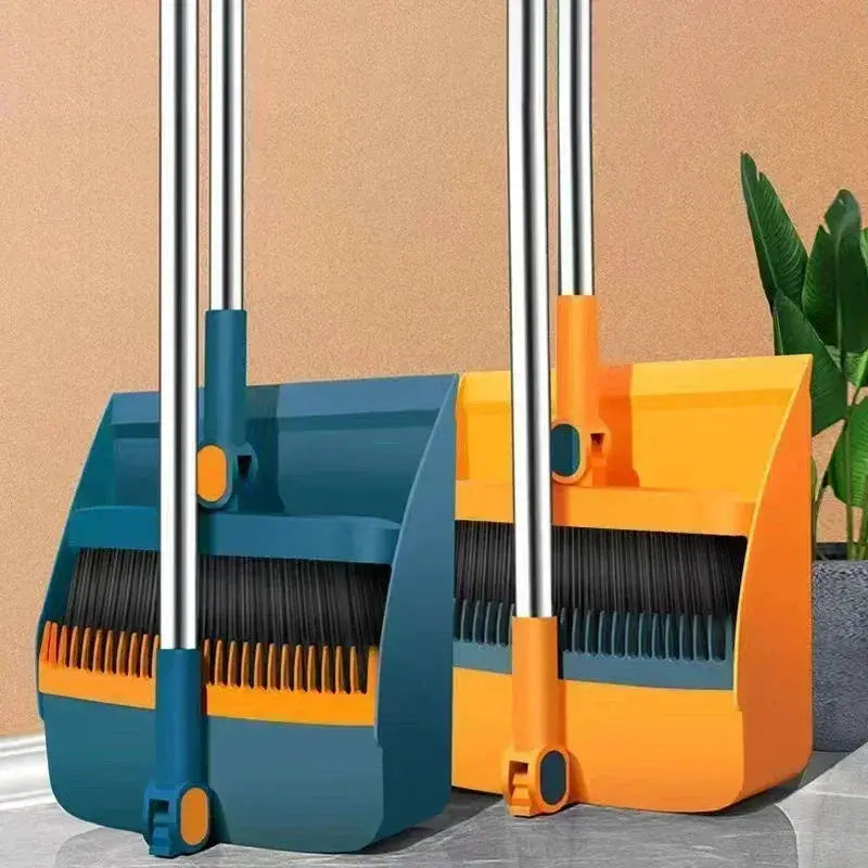 Two broom and dustpan sets with long metal handles in teal blue and orange, shown side by side.