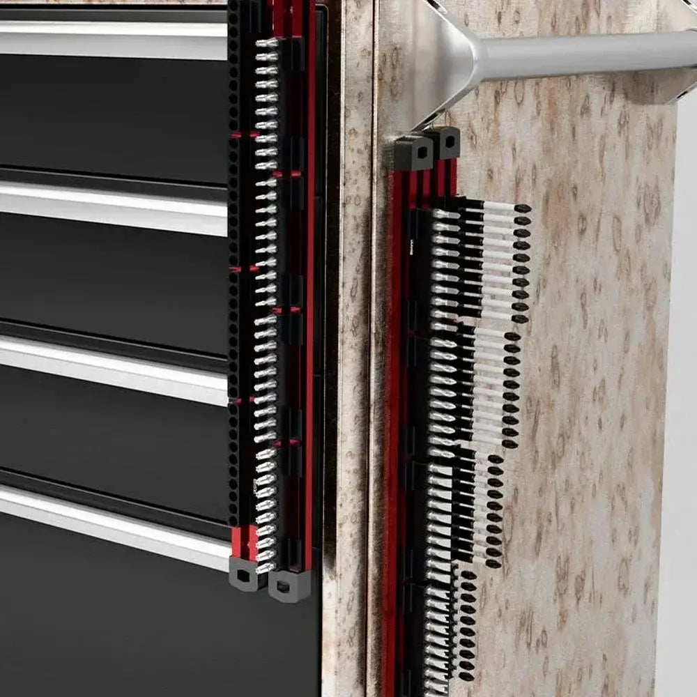 Simples Market magnetic screwdriver bit holder organizer, 40-slot, black with red rails.