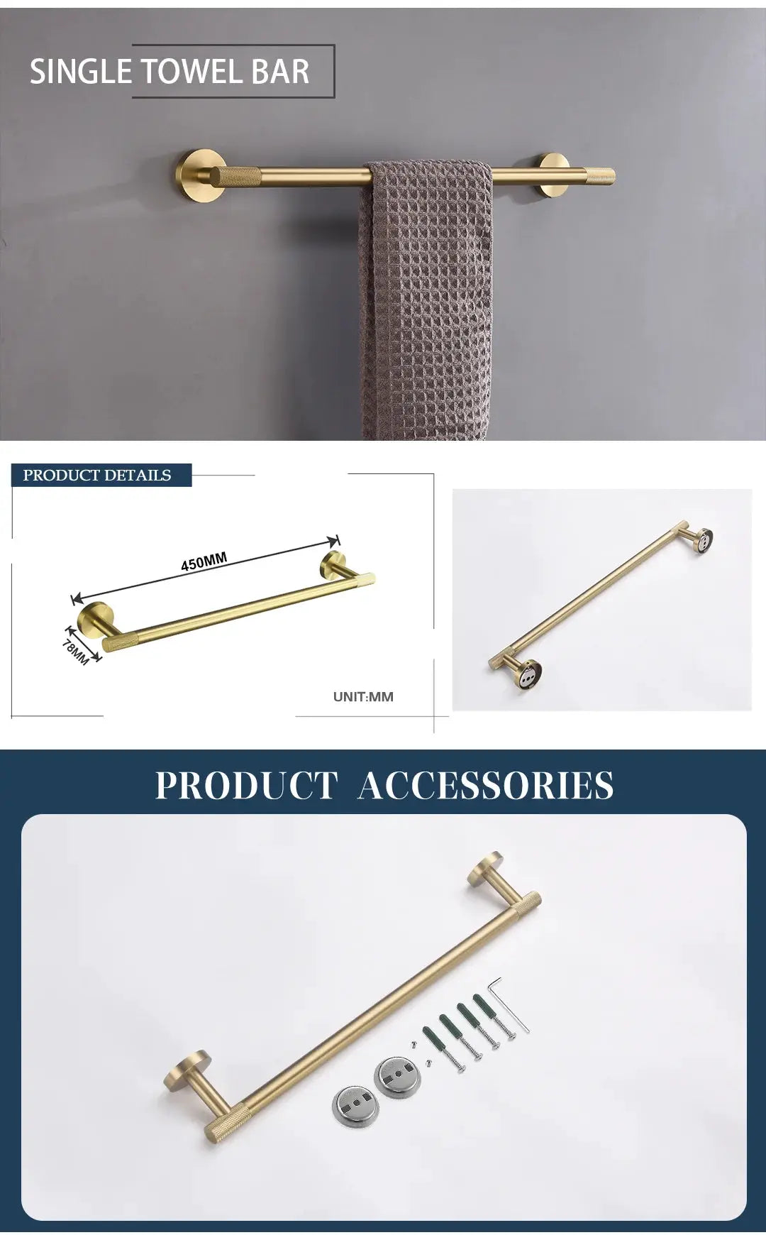 Simples Market brushed gold knurled brass bathroom hardware towel bar set