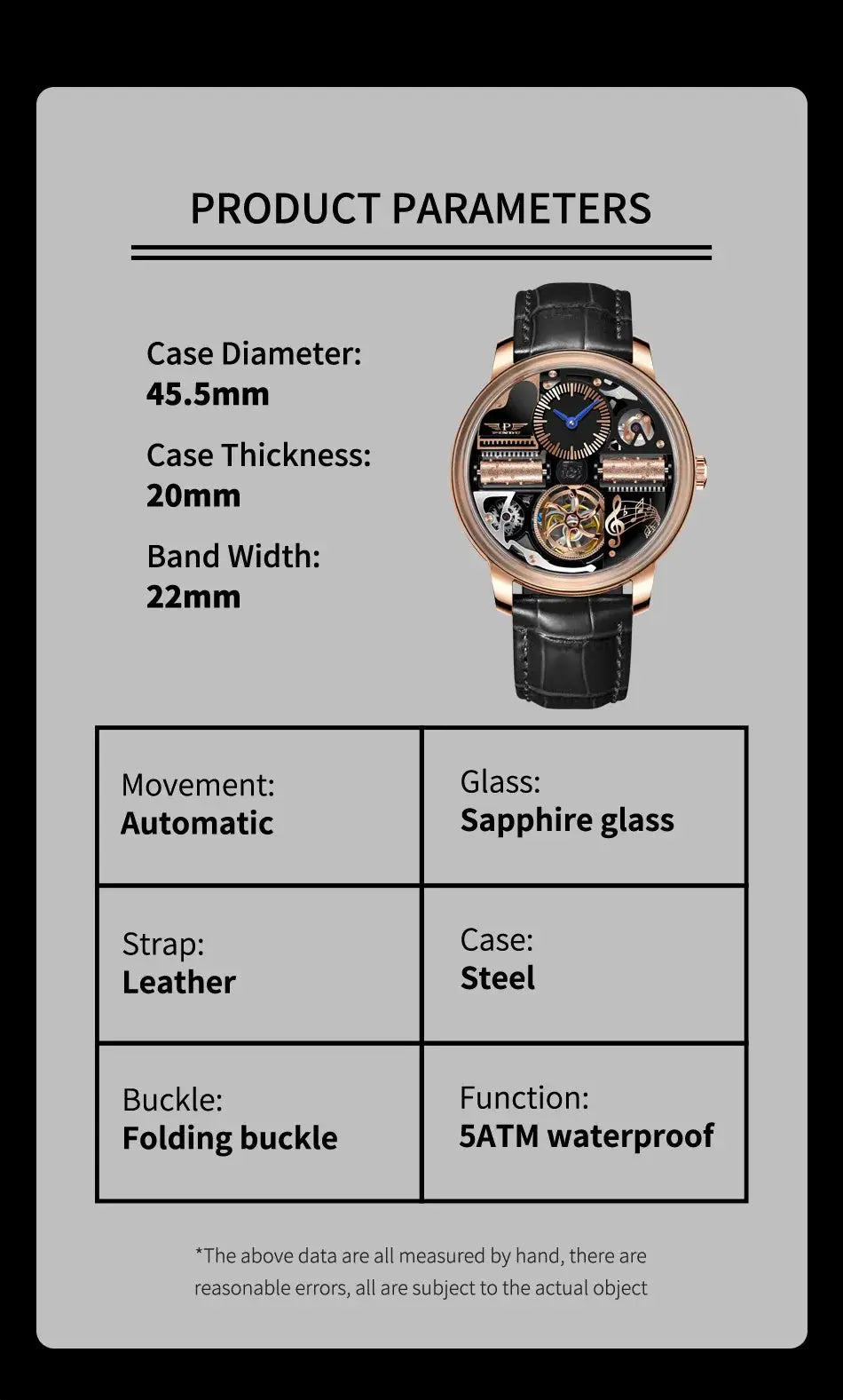 PINDU skeleton automatic watch with rose-gold case, visible mechanical movement, black leather strap, sapphire glass