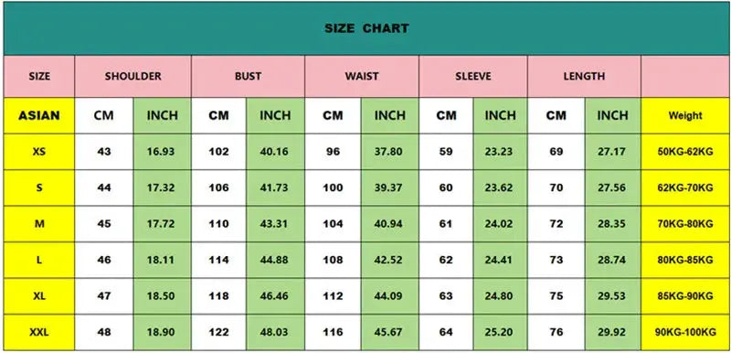 High-elastic seamless men's long-sleeve shirt size chart by Simples Market; Asian XS–XXL with shoulder, bust, waist.