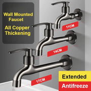 Three wall-mounted copper faucets with brushed finish and varying reach (11/14/17cm) for basin and laundry use