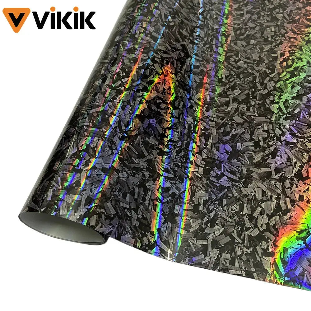 Car wrap vinyl film with forged carbon fiber color-change effect, self-adhesive PET roll; ViKiK logo visible