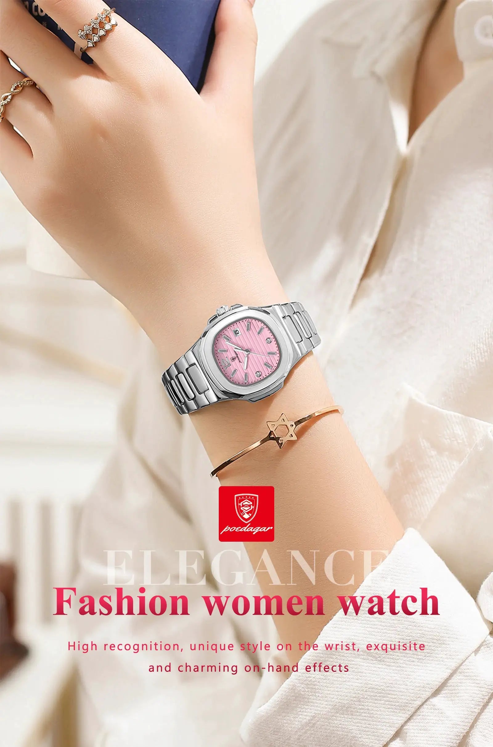POEDAGAR square fashion women's wristwatch with pink dial and silver metal bracelet