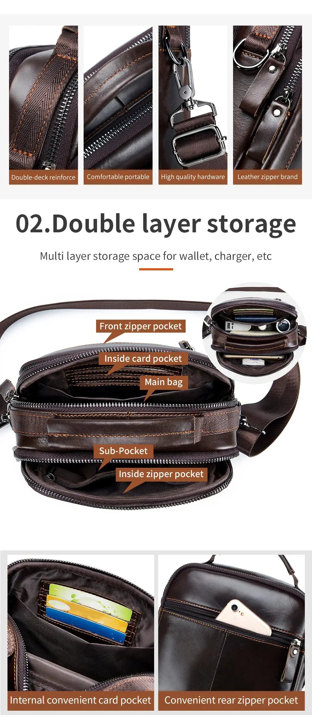 Men's crossbody bag by Simples Market, brown leather with double-layer storage and multiple pockets.
