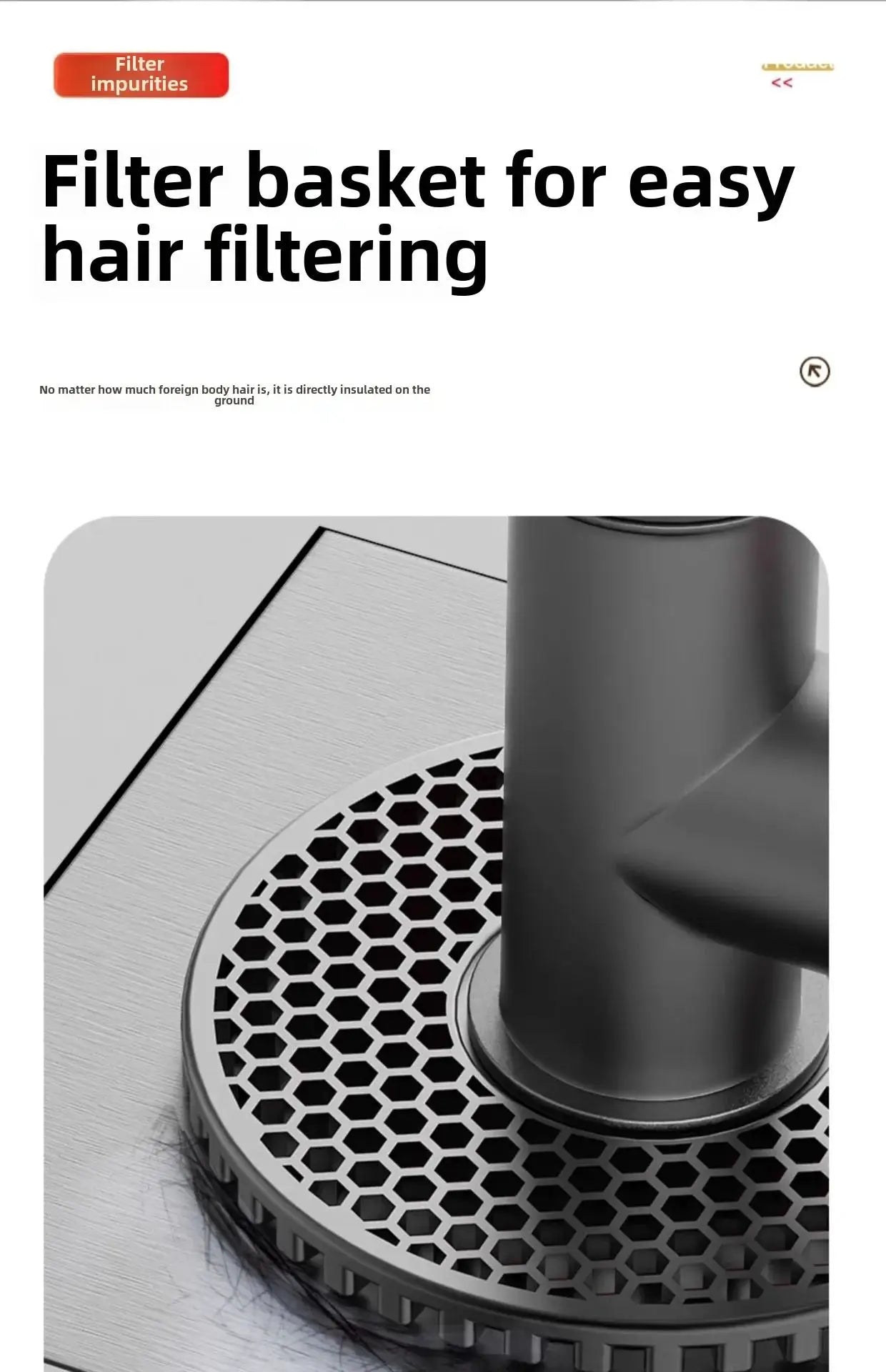 Gray plastic washing machine floor drain filter basket with hexagonal honeycomb mesh