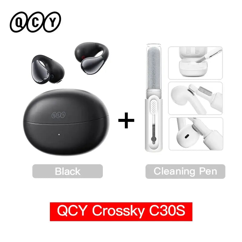 QCY Crossky C30S open-ear wireless earphones in black with charging case and cleaning pen