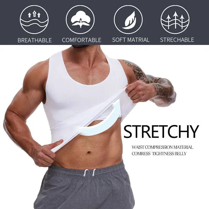 Men's white compression shirt with tummy control, stretchy soft material.