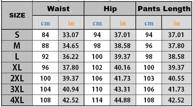 Men's Cargo Pants size chart by Simples Market showing waist, hip, and pants length for sizes S–4XL.