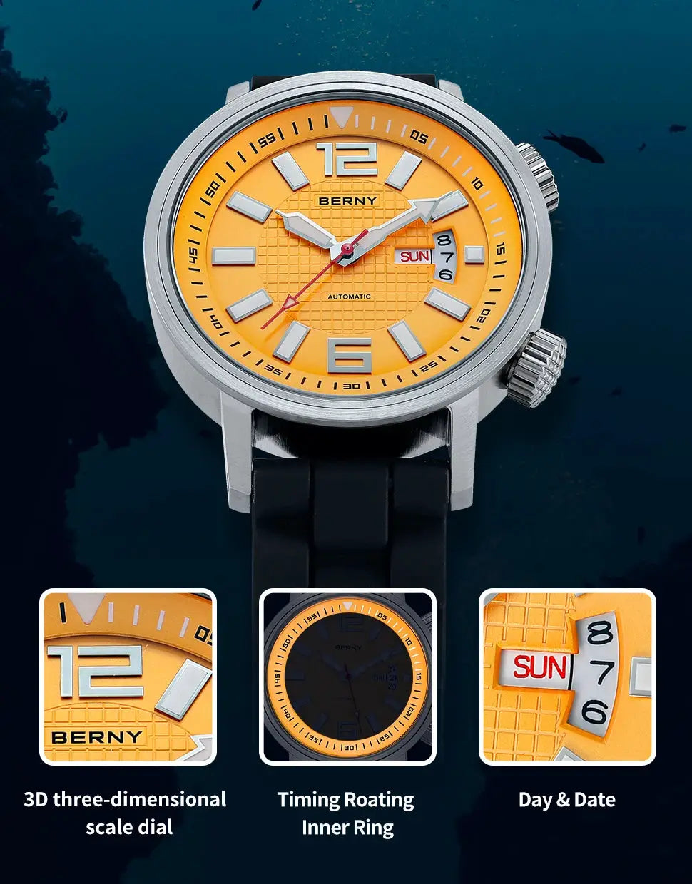 BERNY diver watch for men with orange dial, stainless steel case, and black strap