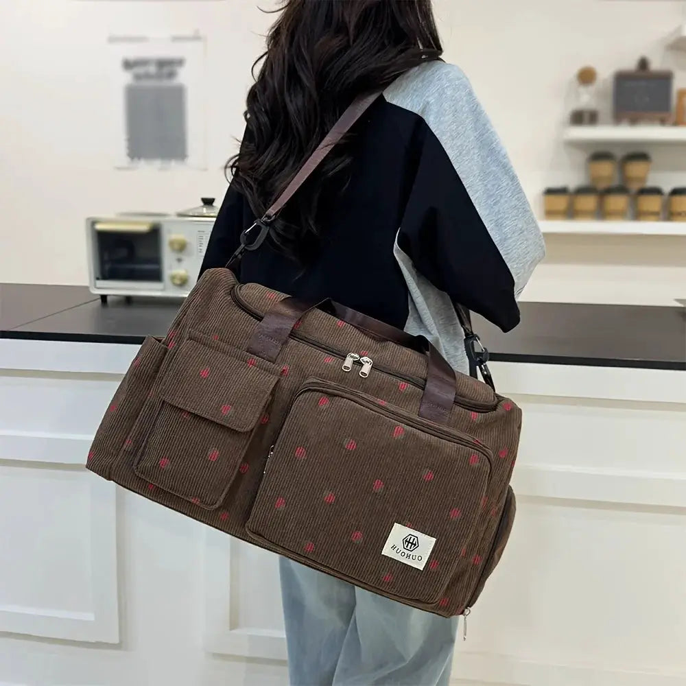 Strawberry travel bag, brown corduroy luggage with red polka dots, large capacity crossbody with front pockets