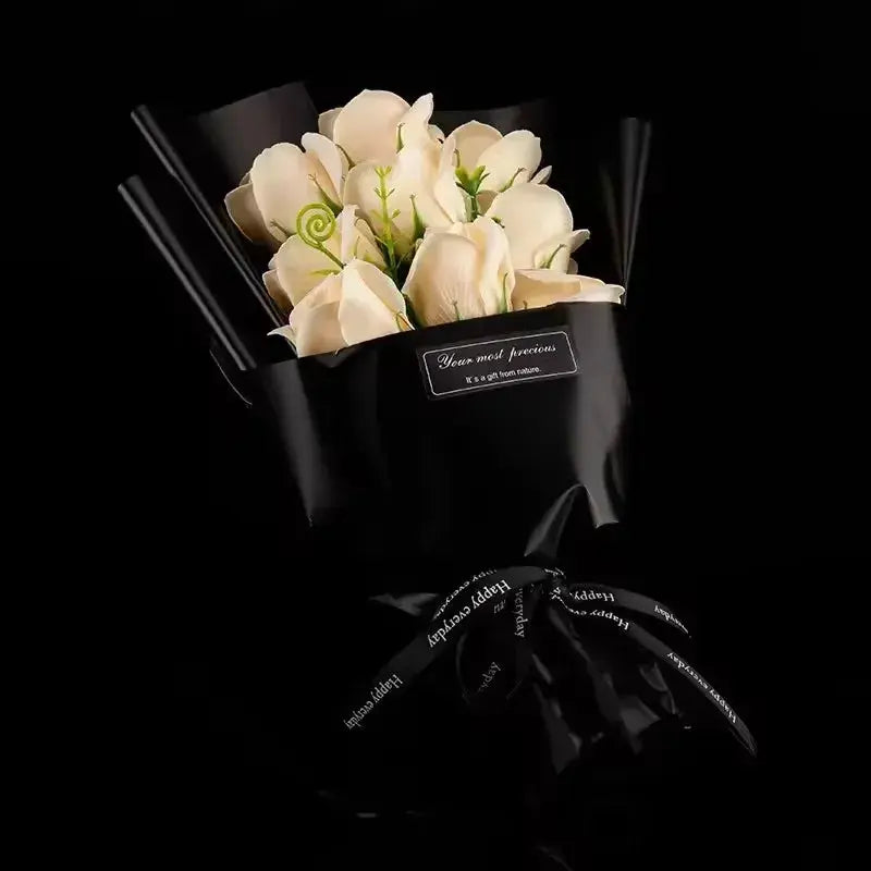 9-head artificial cream soap flower rose bouquet in black wrapping with ribbon