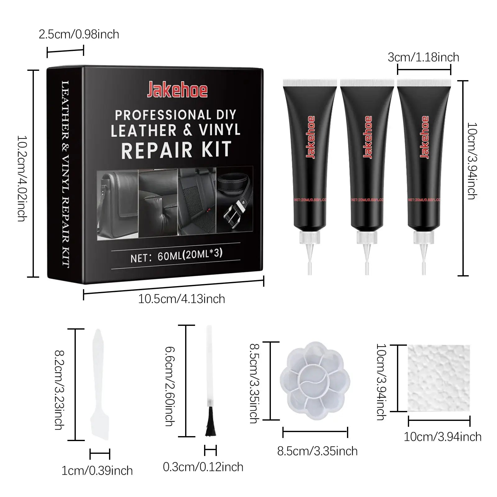 Jakehoe leather and vinyl repair kit; professional DIY set with three tubes and repair accessories
