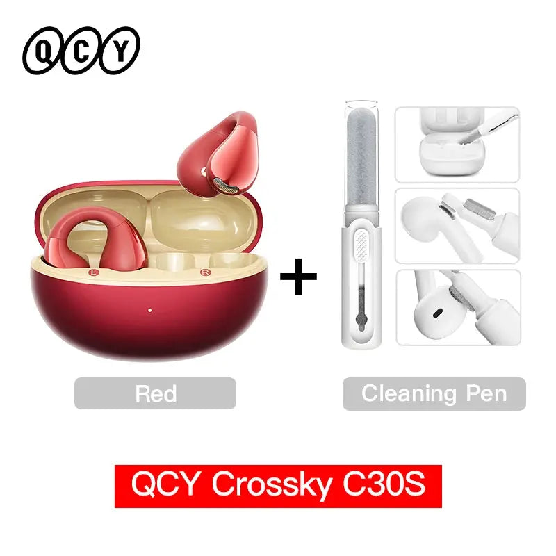 QCY Crossky C30S open-ear wireless earphones in red with charging case and cleaning pen, two-piece set