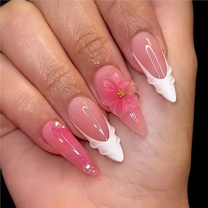GlamNail Pink Almond Press On Nails Full Coverage Carved Flower 3D Ripple French Tips Golden Pearl Finish