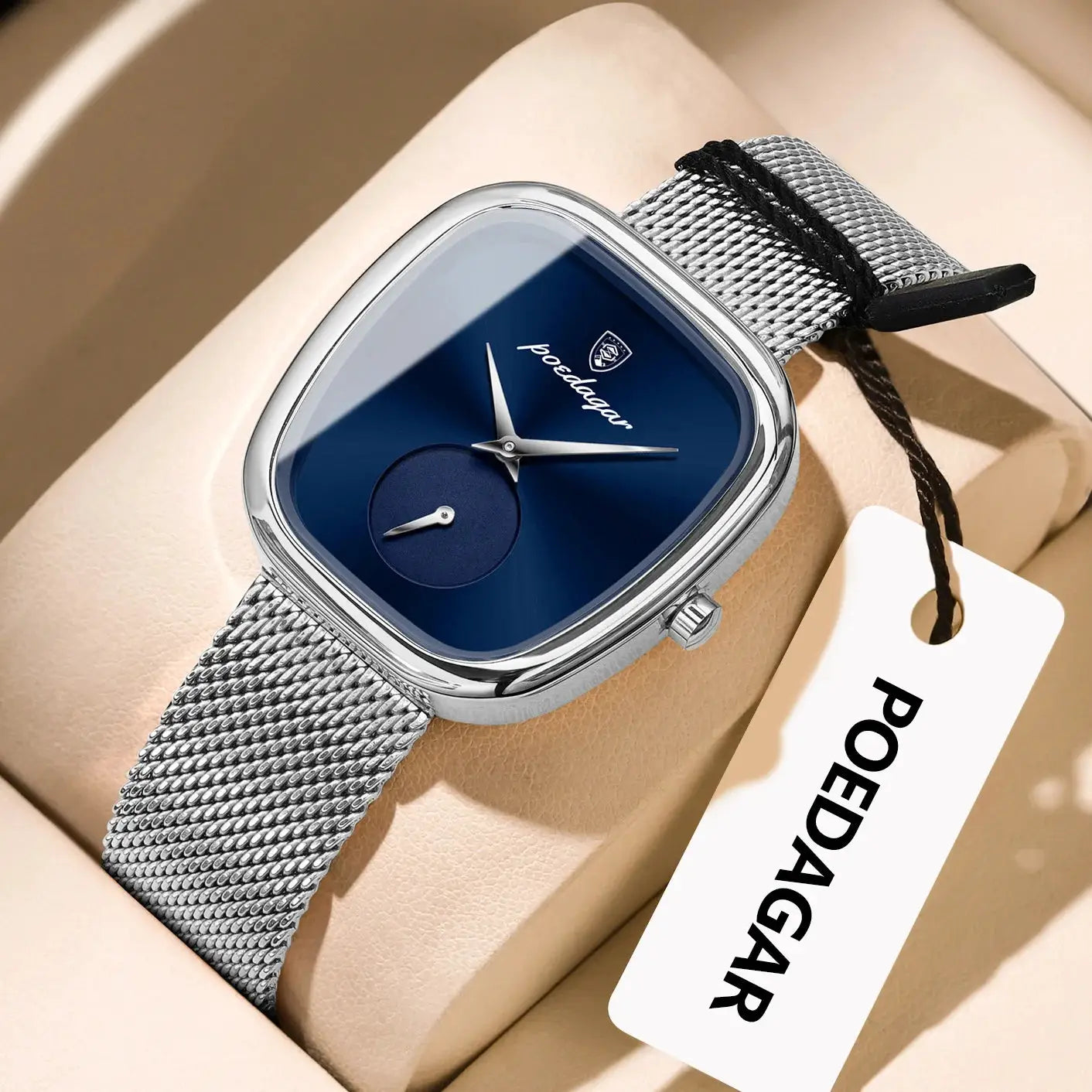 POEDAGAR women's stainless steel mesh watch with blue dial and square case