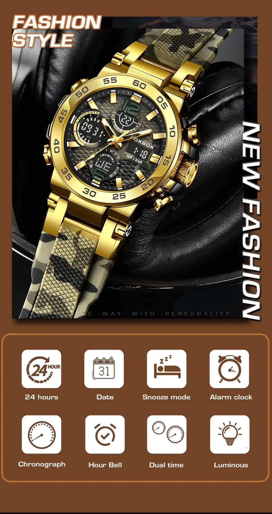 Gold-tone LIGE men's watch with camouflage strap, LED display, waterproof military-style timepiece by Simples Market