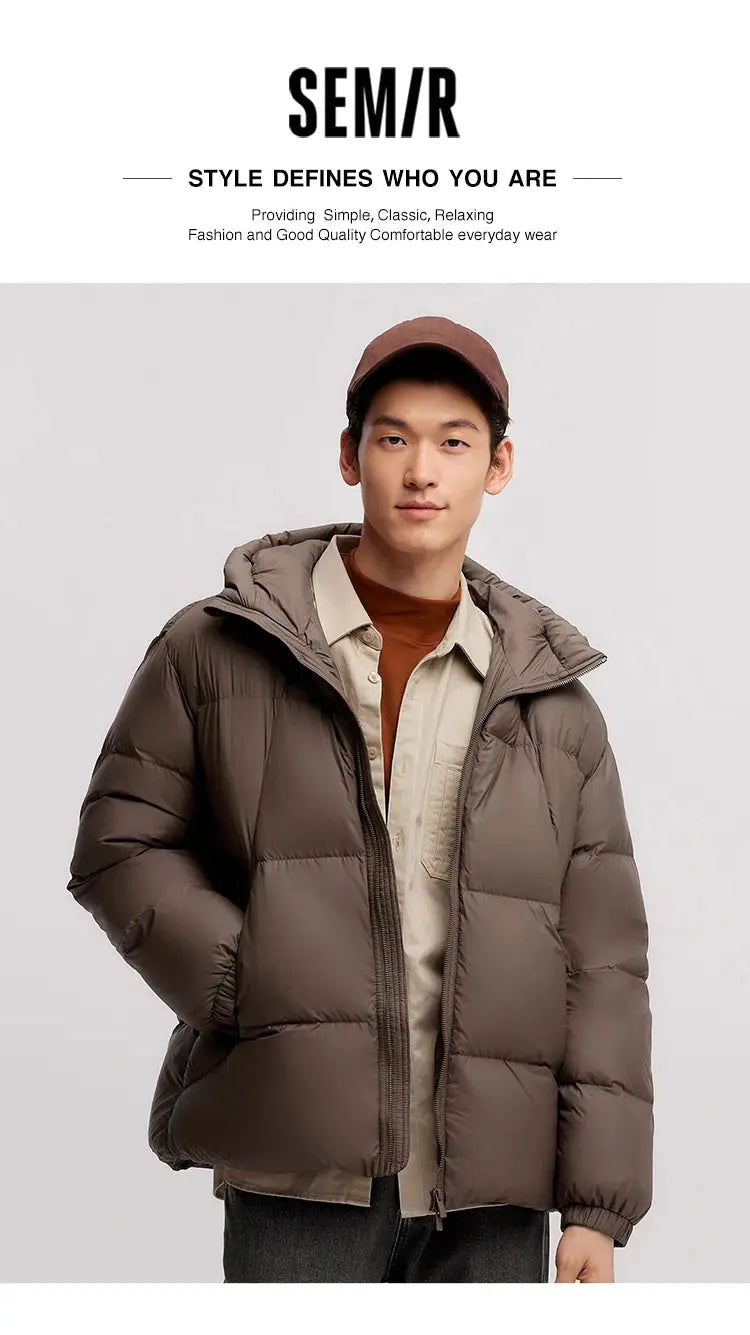 Semir down jacket for men, brown puffer hooded with front zipper, warm winter outerwear