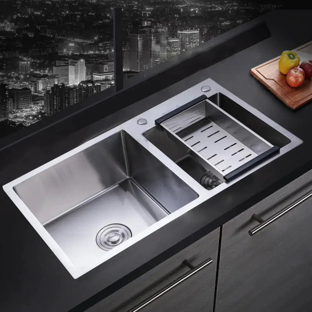 Simples Market stainless steel double-bowl drop-in kitchen sink with noise reduction and integrated drain rack