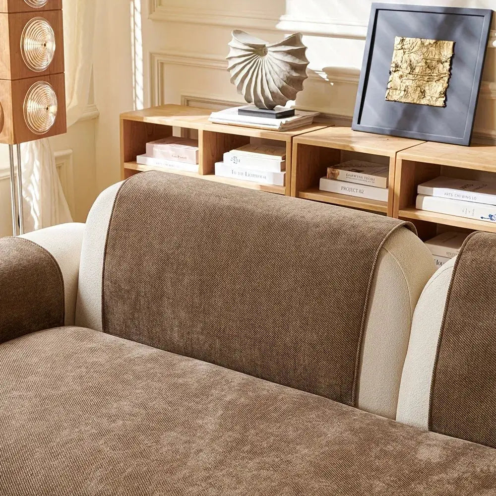 Minimalist twill chenille anti-slip sofa cover in brown with beige side panels for all-season use