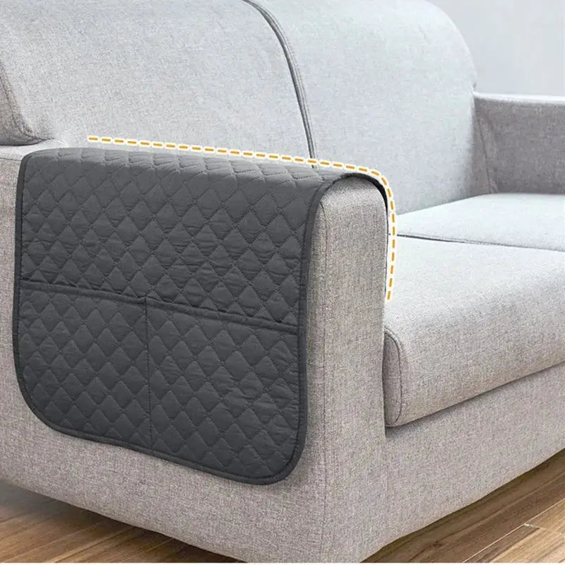 Sofa armrest cover with pockets, quilted dark gray, water-repellent slipcover on armrest