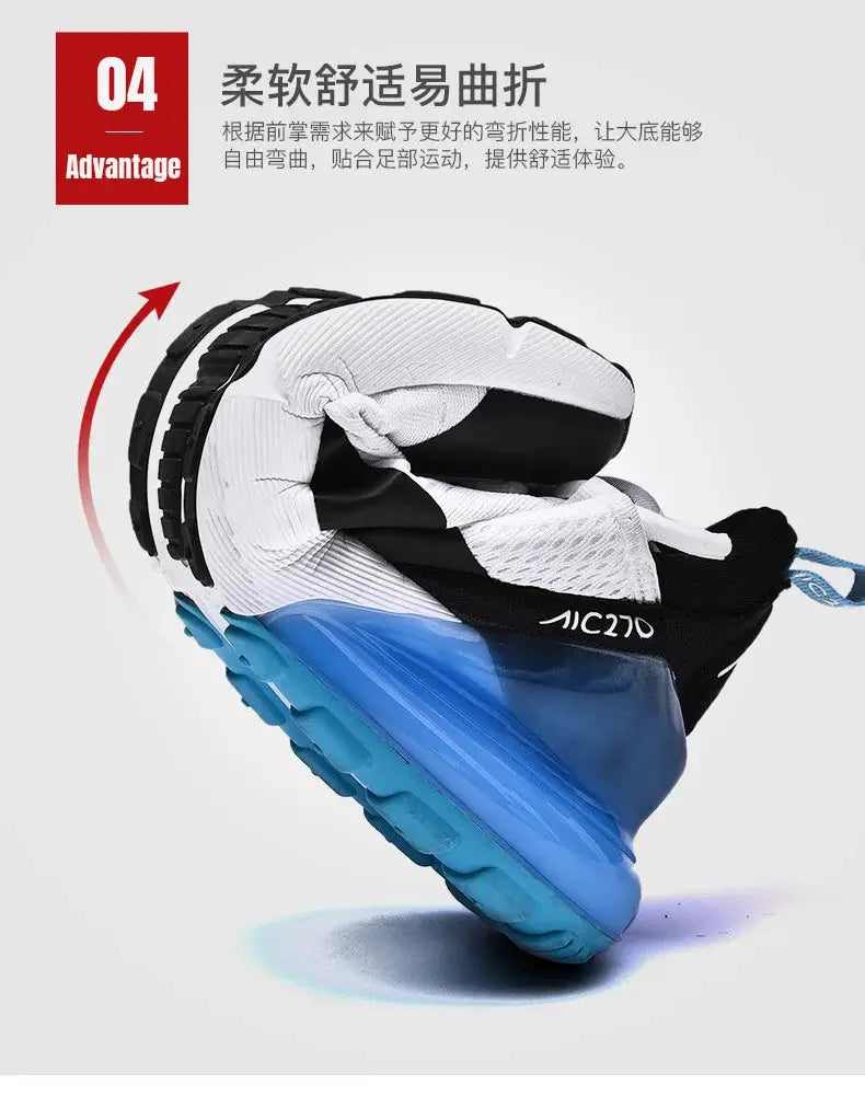 Men's outdoor jogging sneakers with breathable white mesh upper and blue platform sole