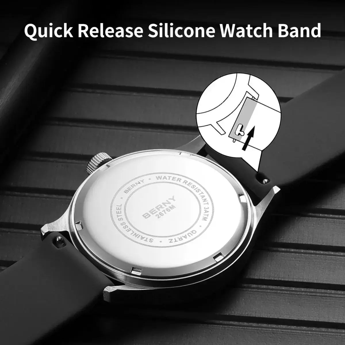 BERNY men's wristwatch with stainless steel case back and quick-release silicone band