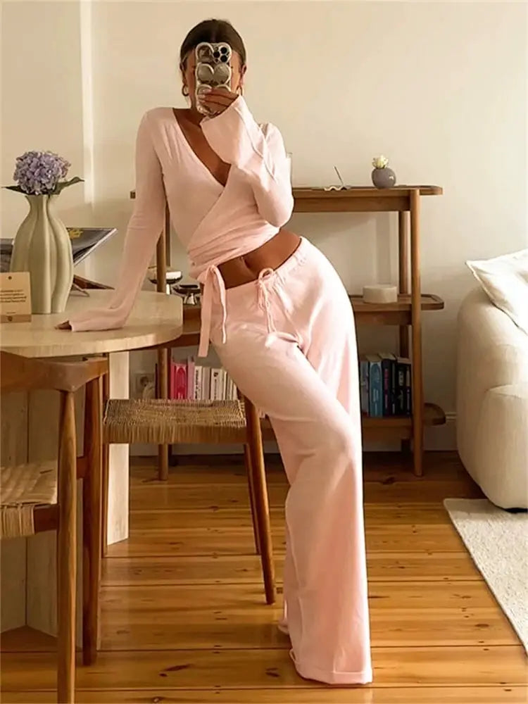 Absobe 2 Piece Leisure Suit Women Flare Sleeve Crop Cardigan Pants
