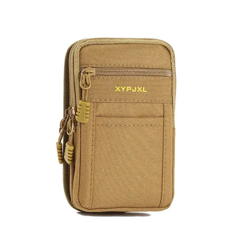 Waist pack bum bag by Simples Market; tan tactical MOLLE nylon pouch with multiple zipper compartments