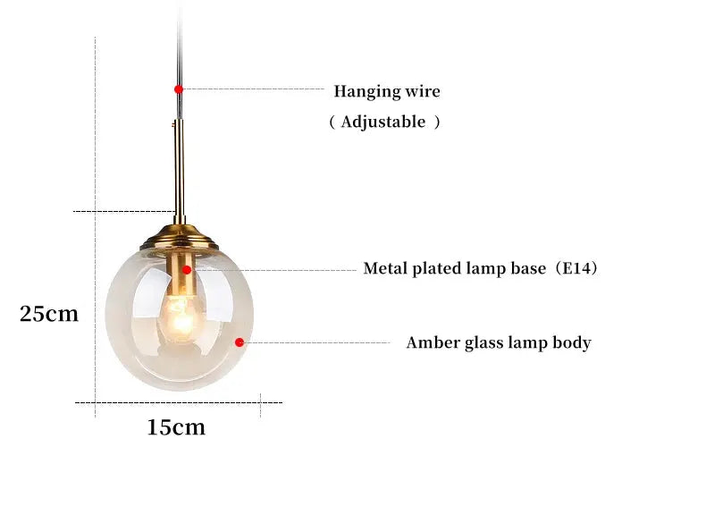 Modern luxury metal chandelier pendant lamp with amber glass body and brass-plated base, adjustable hanging wire.