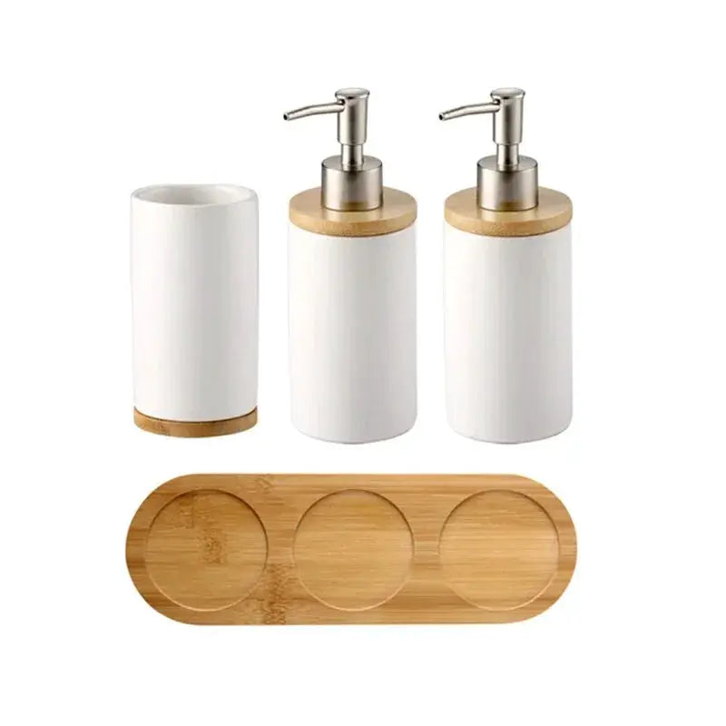 Ceramic bathroom set by Simples Market: white dispenser, toothbrush holder and tumbler on bamboo tray, 3-piece.
