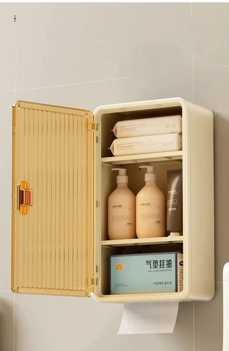 Simples Market bathroom wall-mounted storage cabinet in beige; open door reveals shampoo bottles and tissue box.