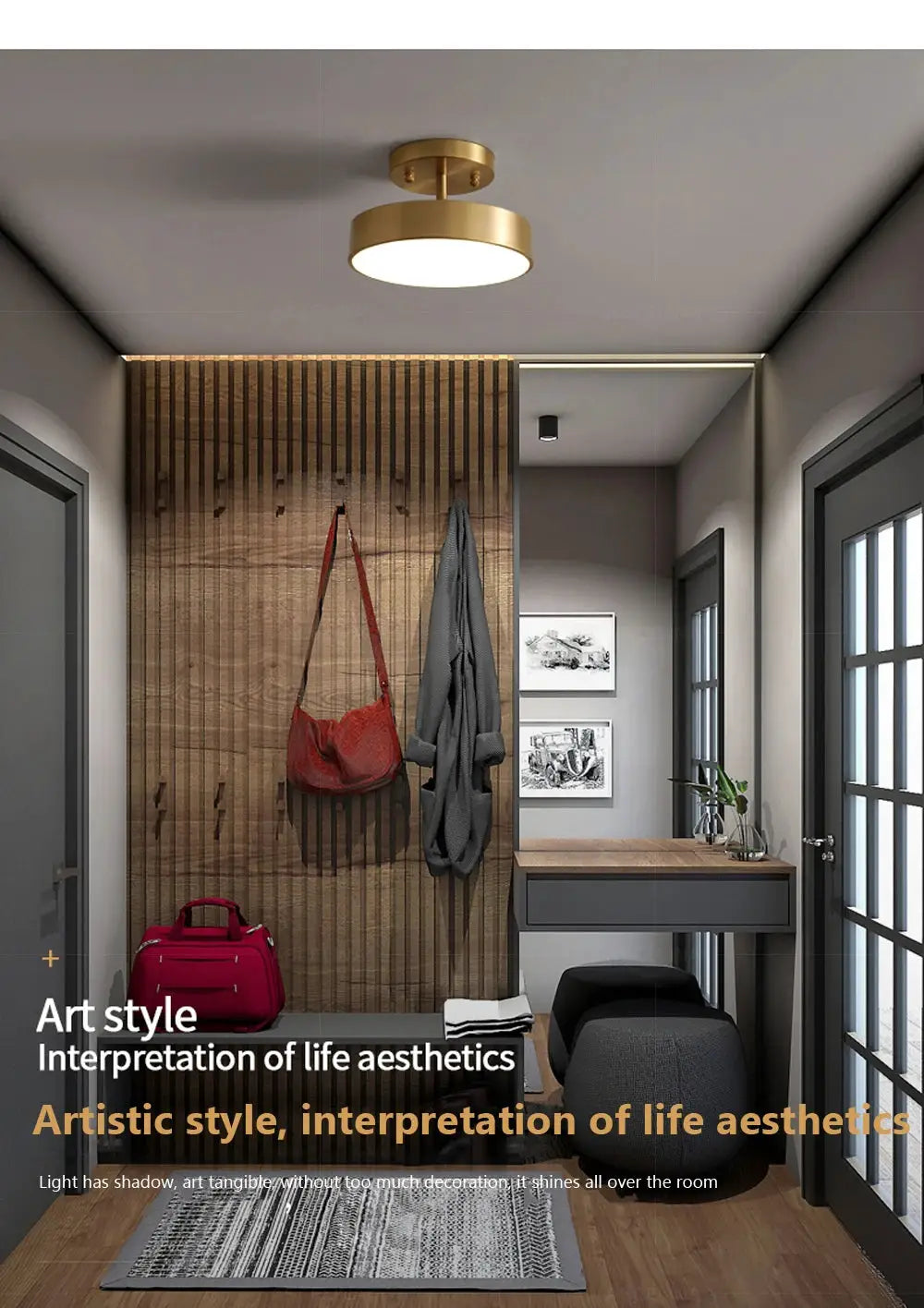 Modern LED ceiling light fixture with copper finish, round gold-toned design for entryway or living room