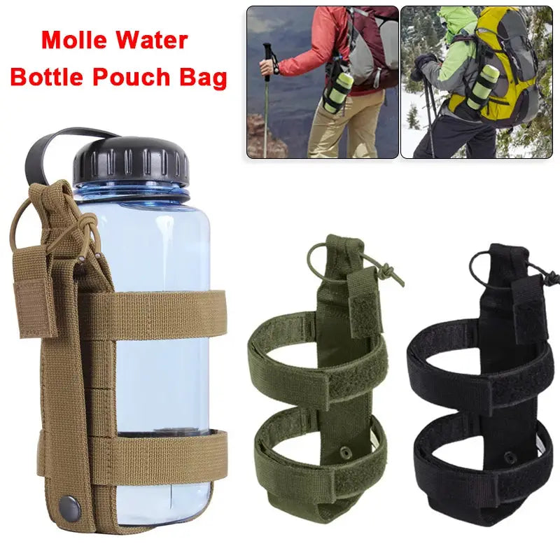 Molle water bottle pouch bag by Simples Market; tan, green and black MOLLE bottle holders