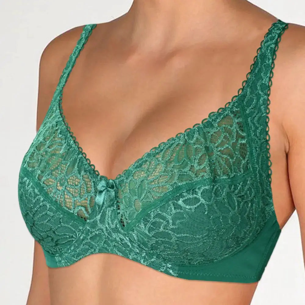 Plus-size green lace bra with underwire, scalloped trim and sheer lace cups